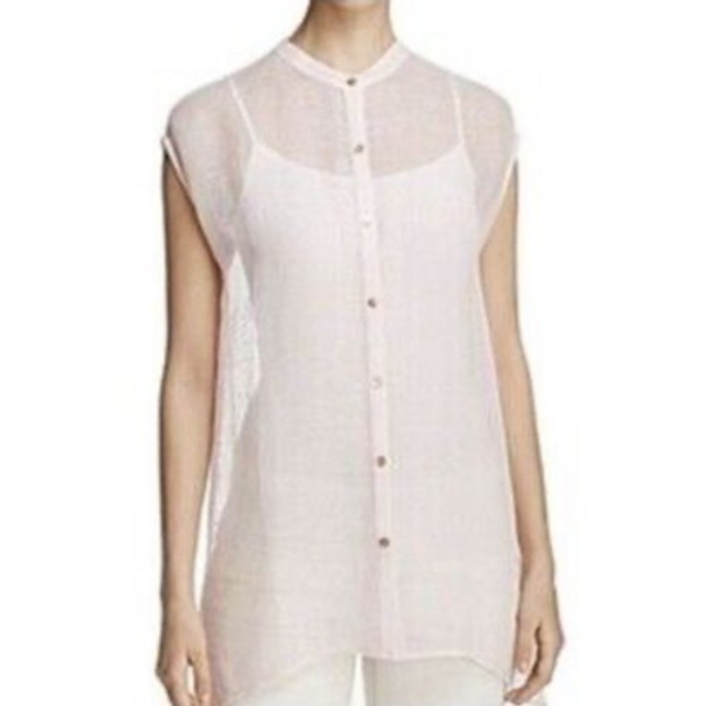 Eileen Fisher Shirt Womens Petite Large PL Pink Organic Linen Mesh Tunic Coverup